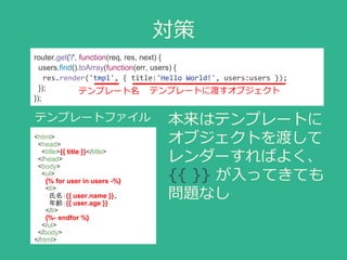 対策
router.get('/', function(req, res, next) {
users.find().toArray(function(err, users) {
res.render('tmpl', { title:'Hello World!', users:users });
});
});
本来はテンプレートに
オブジェクトを渡して
レンダーすればよく、
{{ }} が入ってきても
問題なし
<html>
<head>
<title>{{ title }}</title>
</head>
<body>
<ul>
{% for user in users -%}
<li>
氏名：{{ user.name }}、
年齢：{{ user.age }}
</li>
{%- endfor %}
</ul>
</body>
</html>
テンプレート名 テンプレートに渡すオブジェクト
テンプレートファイル
 