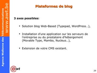 Plateformes de blog 3 axes possibles:  Solution blog Web-Based (Typepad, WordPress…), Installation d’une application sur les serveurs de l’entreprise ou du prestataire d’hébergement (Movable Type, Mambo, Nucleus…), Extension de votre CMS existant.  