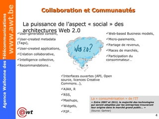 Collaboration et Communautés La puissance de l’aspect « social » des architectures Web 2.0 User-generated content, User-created metadata (Tags), User-created applications, Création collaborative, Intelligence collective, Recommandations… Web-based Business models, Micro-paiements,  Partage de revenus, Places de marchés, Participation du consommateur… Interfaces ouvertes (API, Open source, licences Creative Commons…), AJAX, R RSS, Mashups, Widgets, P2P… La « consumérisation » de l’IT «  Entre 2007 et 2012, la majorité des technologies qui seront adoptées par les entreprises trouveront leur origine dans le marché grand public…  »  (Source: Gartner) 