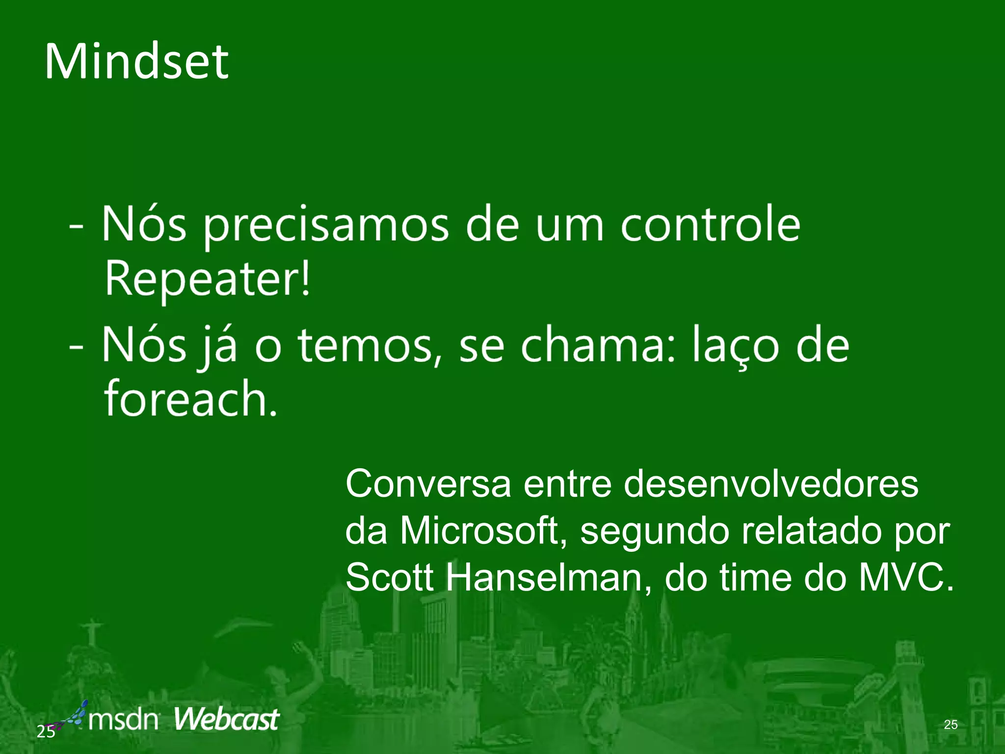 Mindset Conversa entre desenvolvedores da Microsoft, segundo relatado por Scott Hanselman, do time do MVC. 