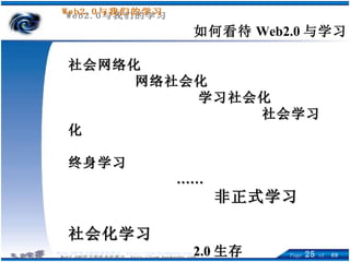 社会网络化 网络社会化 学习社会化 社会学习化 终身学习 …… 非正式学习 社会化学习 2.0 生存 适者生存 …… 如何看待 Web2.0 与学习 
