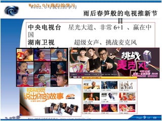 中央电视台   星光大道、非常 6+1  、赢在中国 湖南卫视   超级女声、挑战麦克风 南方电视台   真实故事 雨后春笋般的电视推新节目 