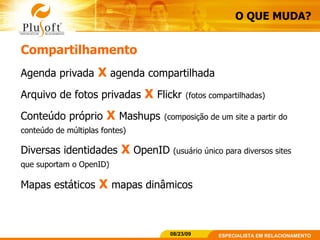 Compartilhamento Agenda privada   X  agenda compartilhada Arquivo de fotos privadas   X   Flickr   (fotos compartilhadas) Conteúdo próprio   X   Mashups   (composição de um site a partir do conteúdo de múltiplas fontes) Diversas identidades   X   OpenID  (usuário único para diversos sites que suportam o OpenID) Mapas estáticos   X   mapas dinâmicos O QUE MUDA? 