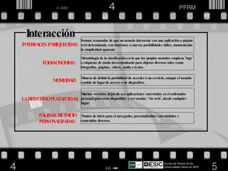 Cursos de Verano de las Universidades Navarras 2010  Interacción INTERFACES ENRIQUECIDAS: FOLKSONOMIAS: Formas avanzadas de que un usuario interactué con una aplicación o página web determinada, con funciones o nuevas posibilidades útiles, manteniendo la simplicidad aparente. Metodología de la clasificación en la que los propios usuarios emplean ‘tags’ o etiquetas de modo descentralizado para objetos diversos tales como fotografías, páginas, videos, audio o textos. MOVILIDAD: Manera de definir la posibilidad de acceder a un servicio, aunque el usuario cambie de lugar de acceso o de dispositivo. Muchos servicios dejan de ser aplicaciones encerradas en el ordenador personal para estar disponibles y ser usados, ‘vía web’, desde cualquier lugar. LA RED COMO PLATAFORMA: PÁGINAS DE INICIO  PERSONALIZADAS: Puntos de inicio para el navegador, personalizables con módulos y contenidos diversos. 