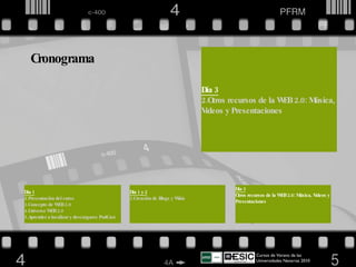 Día 1 Presentación del curso Concepto de WEB 2.0 Universo WEB 2.0 Aprender a localizar y descargarse PodCast Día 1 y 2 Creación de Blogs y Wikis Cronograma Día 3 Otros recursos de la WEB 2.0: Música, Videos y Presentaciones Día 3 Otros recursos de la WEB 2.0: Música, Videos y Presentaciones Día 1 y 2 Creación de Blogs y Wikis Dia 1 Presentación del curso Concepto de WEB 2.0 Universo WEB 2.0 Aprender a localizar y descargarse PodCast Cursos de Verano de las Universidades Navarras 2010  