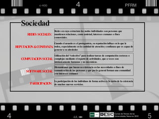 Cursos de Verano de las Universidades Navarras 2010  Sociedad REDES SOCIALES: REPUTACION & CONFIANZA: Redes en cuya estructura los nodos individuales son personas que mantienen relaciones, como amistad, intereses comunes o fines comerciales. Cuando el usuario es el protagonista, su reputación influye en lo que le rodea, especialmente en la cantidad de atención y confianza que es capaz de generar a su alrededor. COMPUTACION SOCIAL: Utilización del “colectivo” para realizar tareas de computación costosas o complejas mediante el reparto de actividades, que a veces son intrínsicamente humanas y no mecánicas. Herramientas que basan su existencia en las necesidades o fines de comunicación de las personas y que por lo general forman una comunidad con intereses comunes SOFTWARE SOCIAL: La participación de los individuos de forma activa es la razón de la existencia de muchos nuevos servicios. PARTICIPACION: 