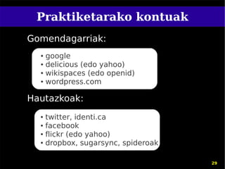 Praktiketarako kontuak
Gomendagarriak:
  ● google
  ● delicious (edo yahoo)

  ● wikispaces (edo openid)

  ● wordpress.com




Hautazkoak:
  ● twitter, identi.ca
  ● facebook

  ● flickr (edo yahoo)

  ● dropbox, sugarsync, spideroak




                                    29
 