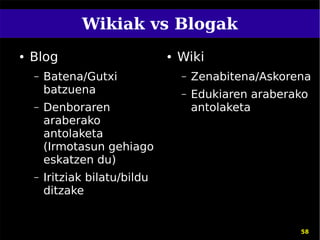 Wikiak vs Blogak
●   Blog                        ●   Wiki
    –   Batena/Gutxi                –   Zenabitena/Askorena
        batzuena                    –   Edukiaren araberako
    –   Denboraren                      antolaketa
        araberako
        antolaketa
        (Irmotasun gehiago
        eskatzen du)
    –   Iritziak bilatu/bildu
        ditzake


                                                         58
 