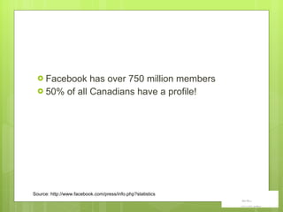 Facebook has over 750 million members  50% of all Canadians have a profile! Source: http://www.facebook.com/press/info.php?statistics 
