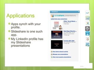 Applications Apps synch with your profile. Slideshare is one such app.  My LinkedIn profile has my Slideshare presentations 