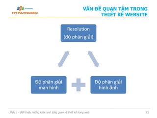 VẤN ĐỀ QUAN TÂM TRONG
THIẾT KẾ WEBSITE
Slide 1 - Giới thiệu những khía cạnh tổng quan về thiết kế trang web 15
Resolution
(độ phân giải)
Độ phân giải
hình ảnh
Độ phân giải
màn hình
 