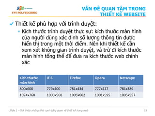 Thiết kế phù hợp với trình duyệt:
Kích thước trình duyệt thực sự: kích thước màn hình
của người dùng xác định số lượng thông tin được
hiển thị trong một thời điểm. Nên khi thiết kế cần
xem xét không gian trình duyệt, và trừ đi kích thước
màn hình tổng thể để đưa ra kích thước web chính
xác
Slide 1 - Giới thiệu những khía cạnh tổng quan về thiết kế trang web 19
Kích thước
màn hình
IE 6 Firefox Opera Netscape
800x600 779x400 781x434 777x427 781x389
1024x768 1003x568 1005x602 1001x595 1005x557
VẤN ĐỀ QUAN TÂM TRONG
THIẾT KẾ WEBSITE
 