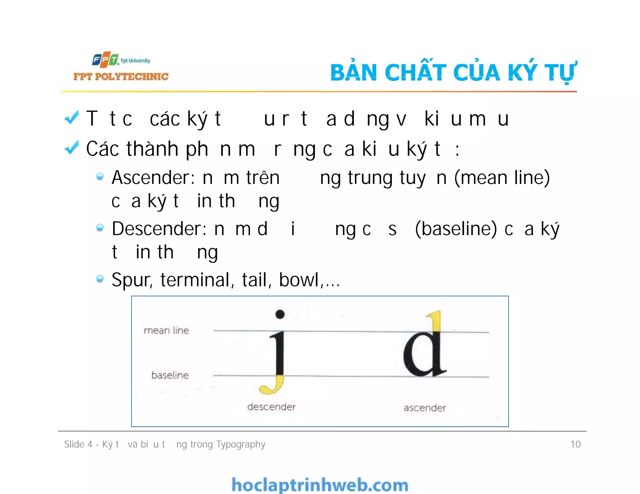 BẢN CHẤT CỦA KÝ TỰ
Tất cả các ký tự đều rất đa dạng về kiểu mẫu
Các thành phần mở rộng của kiểu ký tự:
Ascender: nằm trên đường trung tuyến (mean line)
của ký tự in thường
Descender: nằm dưới đường cơ sở (baseline) của ký
tự in thường
Spur, terminal, tail, bowl,…
Slide 4 - Ký tự và biểu tượng trong Typography 10
Tất cả các ký tự đều rất đa dạng về kiểu mẫu
Các thành phần mở rộng của kiểu ký tự:
Ascender: nằm trên đường trung tuyến (mean line)
của ký tự in thường
Descender: nằm dưới đường cơ sở (baseline) của ký
tự in thường
Spur, terminal, tail, bowl,…
 