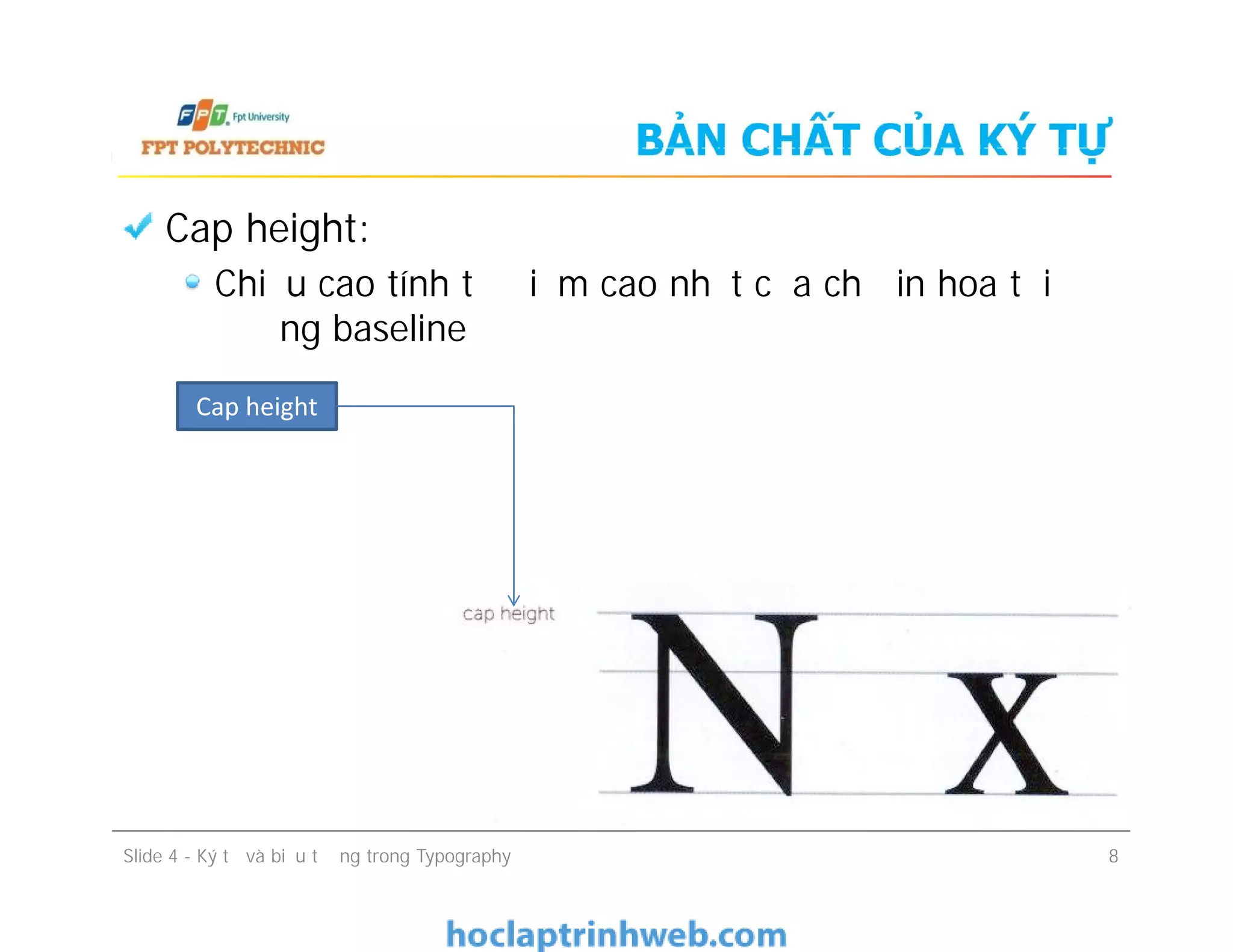 BẢN CHẤT CỦA KÝ TỰ
Cap height:
Chiều cao tính từ điểm cao nhất của chữ in hoa tới
đường baseline
Cap height
Slide 4 - Ký tự và biểu tượng trong Typography 8
 