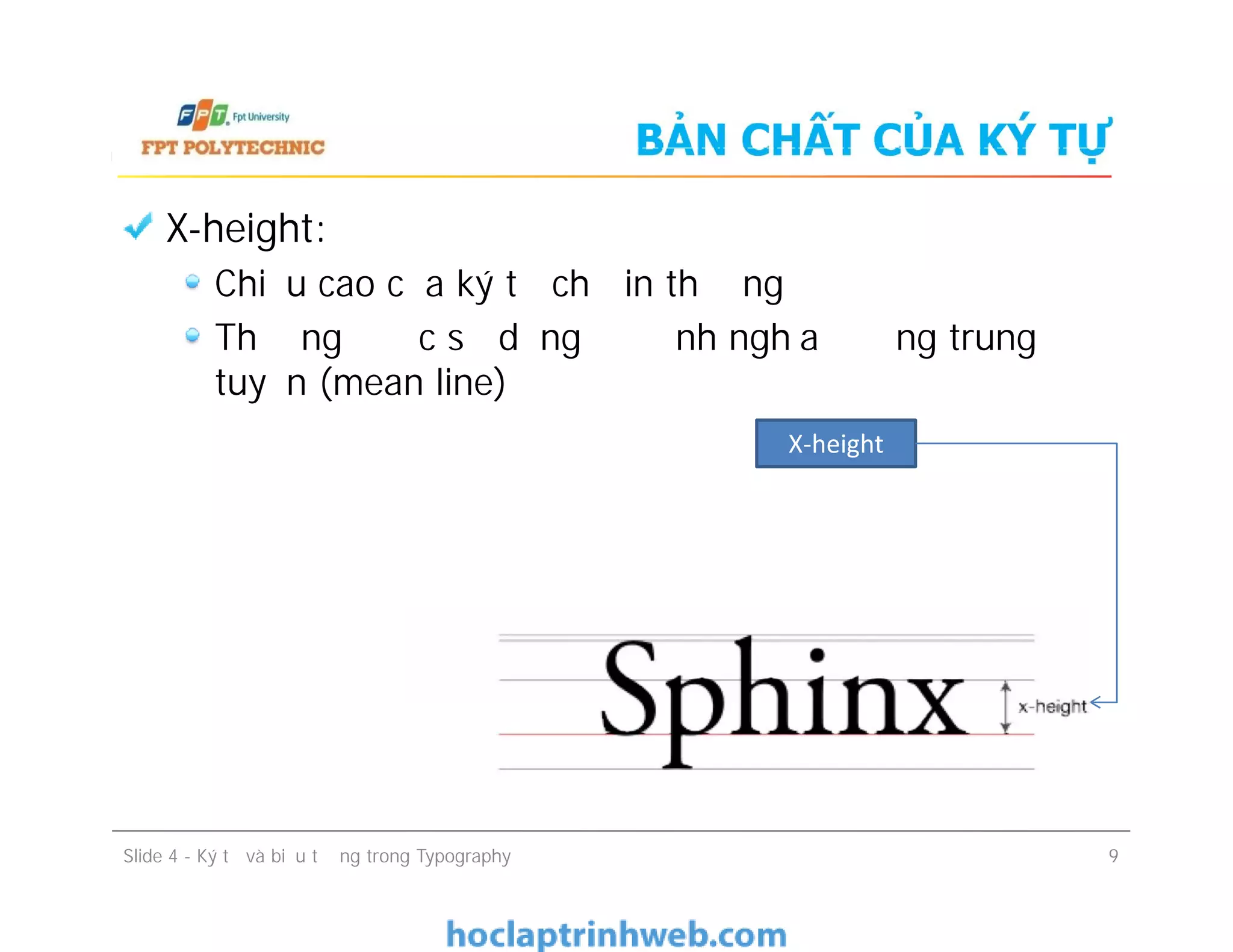 BẢN CHẤT CỦA KÝ TỰ
X-height:
Chiều cao của ký tự chữ in thường
Thường được sử dụng để định nghĩa đường trung
tuyến (mean line)
X-height
Slide 4 - Ký tự và biểu tượng trong Typography 9
 