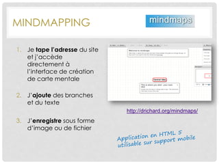 MINDMAPPING
1. Je tape l’adresse du site
et j’accède
directement à
l’interface de création
de carte mentale
2. J’ajoute des branches
et du texte
3. J’enregistre sous forme
d’image ou de fichier
http://drichard.org/mindmaps/
 