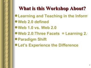 What is this Workshop About? Learning and Teaching in the Informational Age Web 2.0 defined Web 1.0 vs. Web 2.0 Web 2.0:Three Facets  = Learning 2.0 Paradigm Shift Let’s Experience the Difference 