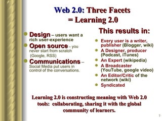 Web 2.0:  Three Facets  = Learning 2.0 Design  – users   want a rich user-experience Open source  –  you never start from scratch  (Google, RSS) Communications  –  Social Media put users in control of the conversations . This results in: Every user is a writer, publisher  (Blogger, wiki) A Designer, producer  (Podcast, iTunes) An Expert  (wikipedia) A Broadcaster  (YouTube, google video) An Editor/Critic  of the network   (wiki) Syndicated Learning 2.0 is constructing meaning with Web 2.0 tools:  collaborating, sharing it with the global community of learners. 