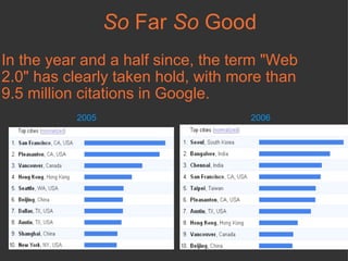 So  Far  So  Good  In the year and a half since, the term "Web 2.0" has clearly taken hold, with more than 9.5 million citations in Google.  2005 2006 