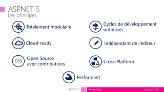 tech.days 2015#mstechdays
Les principes
ASP.NET 5
Indépendant de l’éditeur
Open Source
avec contributions Cross-PlatformOSS
Cloud-ready
Cycles de développement
optimisés
Totalement modulaire
Performant
 