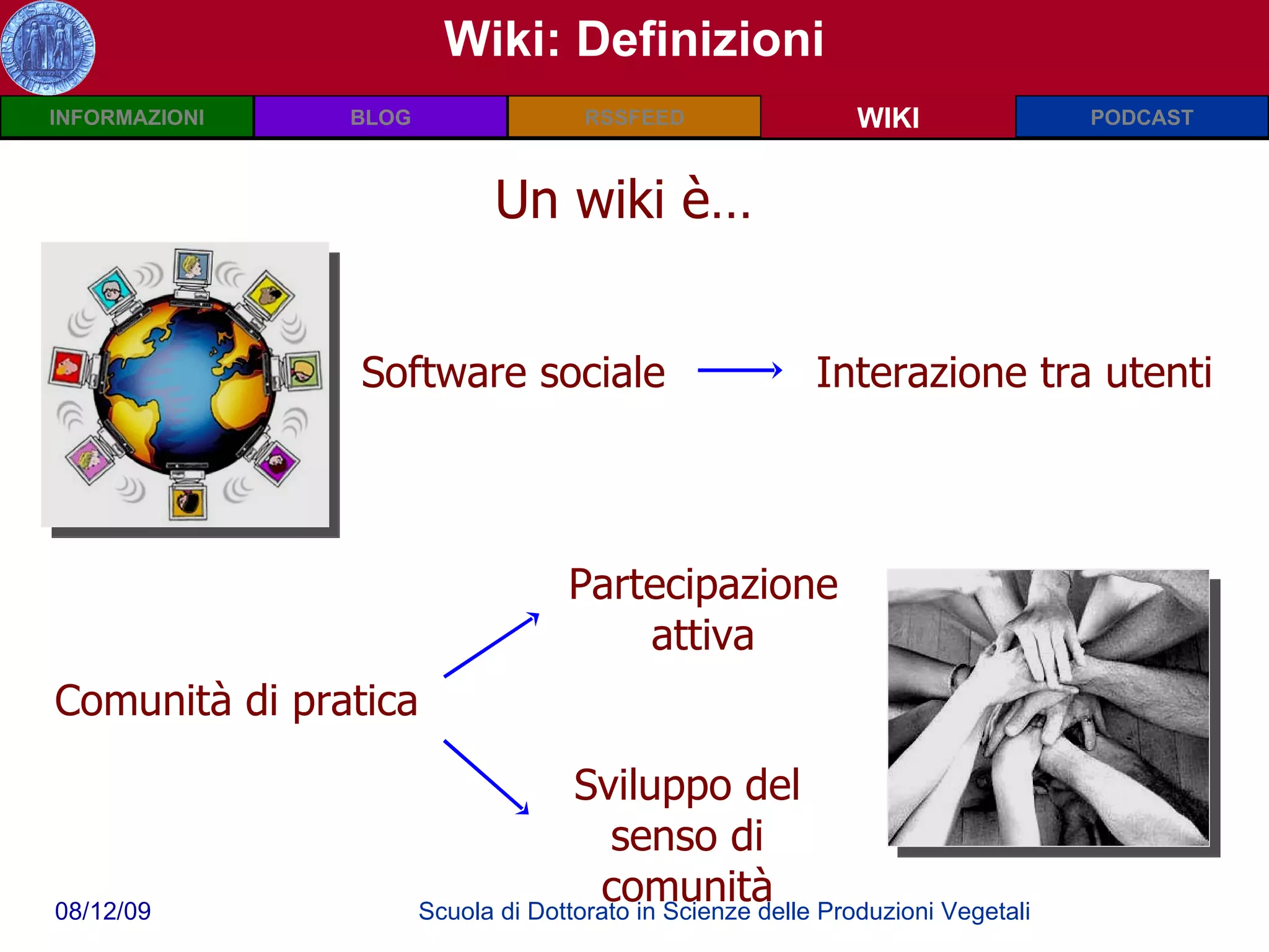 Wiki: Definizioni WIKI Software sociale Interazione tra utenti Comunità di pratica Partecipazione attiva Sviluppo del senso di comunità Un wiki è… 