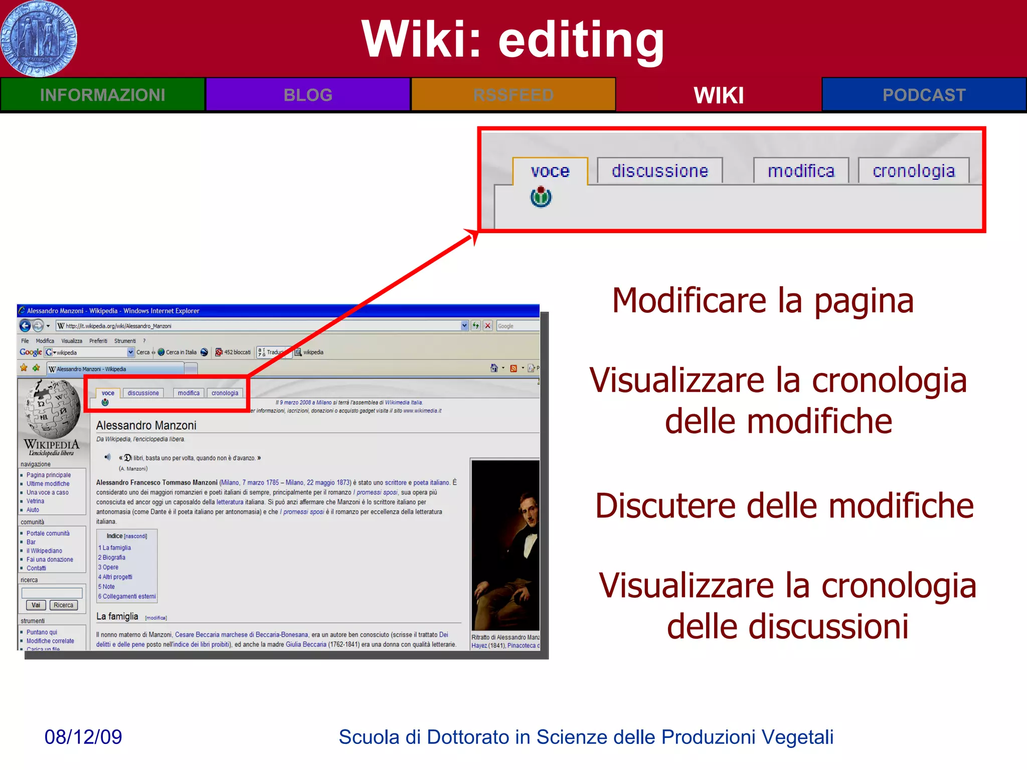 Wiki: editing WIKI Modificare la pagina Visualizzare la cronologia delle modifiche Discutere delle modifiche Visualizzare la cronologia delle discussioni 
