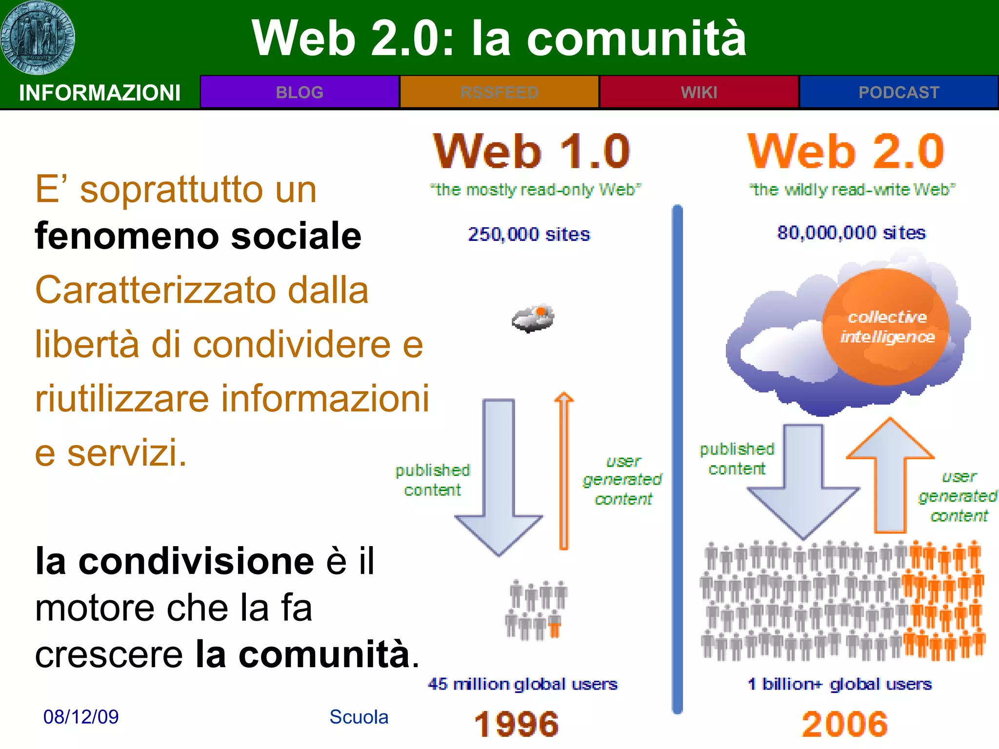 Web 2.0: la comunità INFORMAZIONI E’ soprattutto un  fenomeno sociale Caratterizzato dalla  libertà di condividere e riutilizzare informazioni  e servizi. la condivisione  è il motore che la fa crescere  la comunità . 