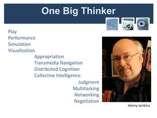 One Big Thinker
Play
Performance
Simulation
Visualization
             Appropriation
             Transmedia Navigation
             Distributed Cognition
             Collective Intelligence
                                   Judgment
                                 Multitasking
                                  Networking
                                 Negotiation
                                                Henry Jenkins
 