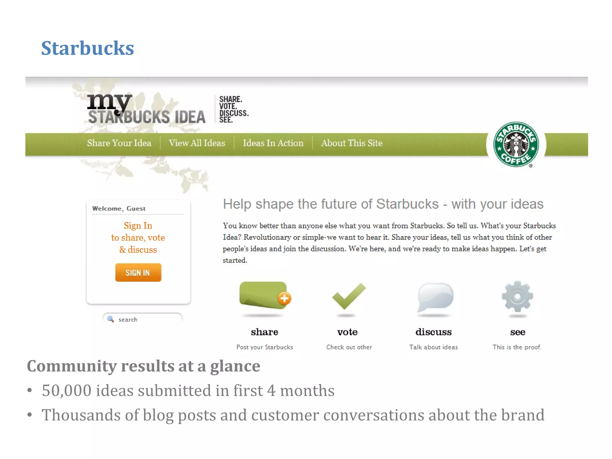 Starbucks




Community results at a glance
• 50 000 ideas submitted in first 4 months
  50,000
• Thousands of blog posts and customer conversations about the brand
                                                                       21
 
