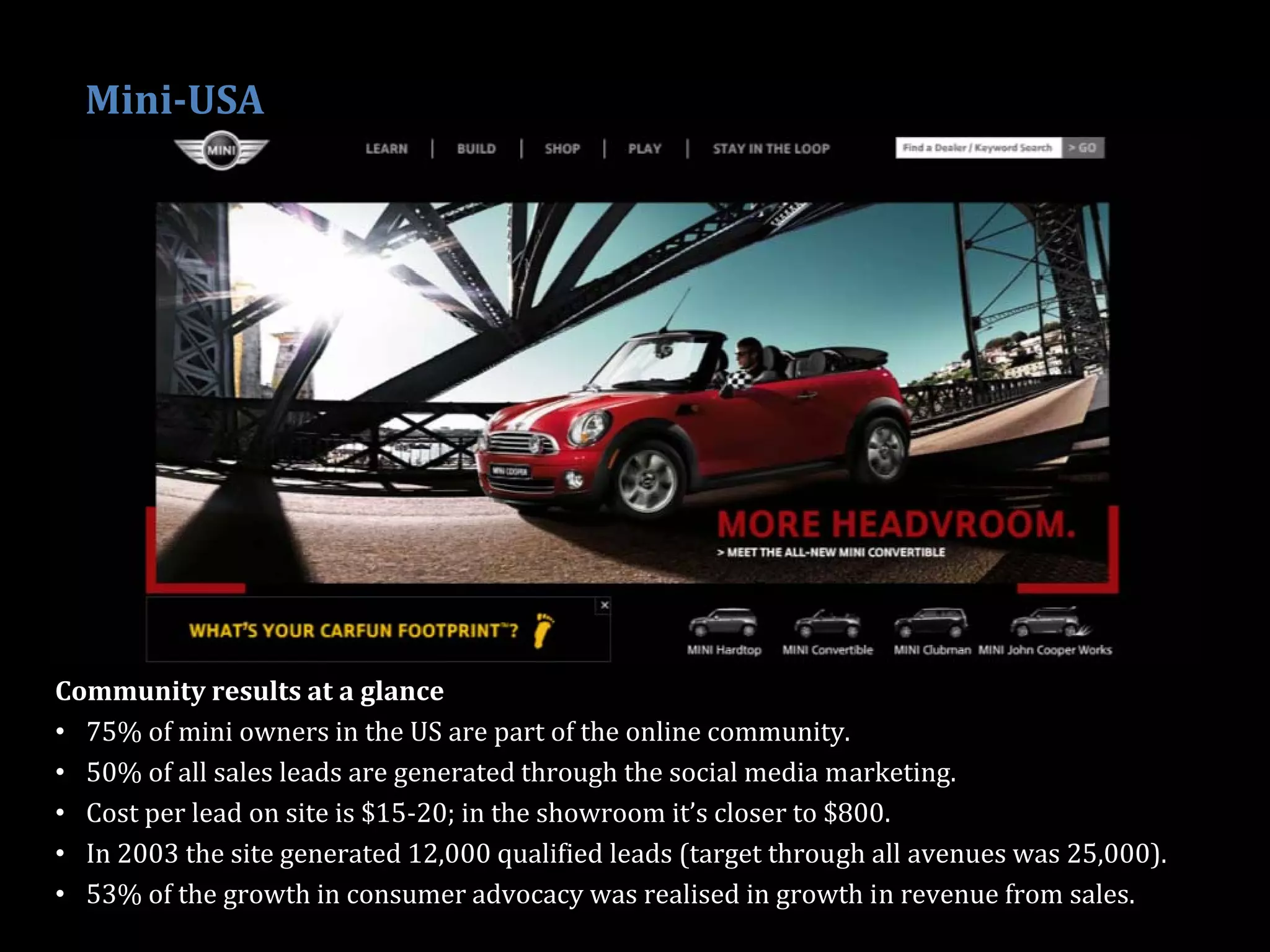 Mini-USA




Community results at a glance
• 75% of mini owners in the US are part of the online community.
• 50% of all sales leads are generated through the social media marketing.
• Cost per lead on site is $15‐20; in the showroom it’s closer to $800
                                                   it s           $800.
• In 2003 the site generated 12,000 qualified leads (target through all avenues was 25,000).
• 53% of the growth in consumer advocacy was realised in growth in revenue from sales.
                                                                                          22
 