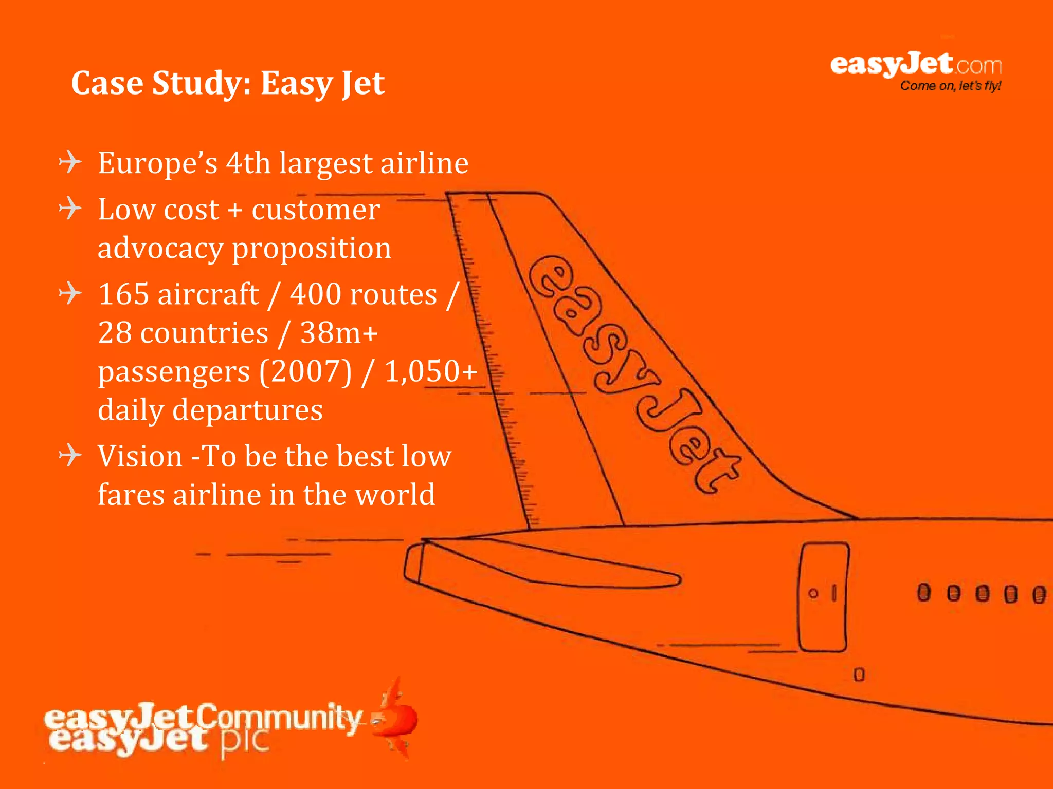 Case Study: Easy Jet

 Europe’s 4th largest airline
 Low cost + customer
 advocacy proposition
 165 aircraft / 400 routes /
 28 countries / 38m+
 passengers (2007) / 1,050+
 daily departures
 Vision T be the best low
 Vi i ‐To b th b t l
 fares airline in the world




                                24
 