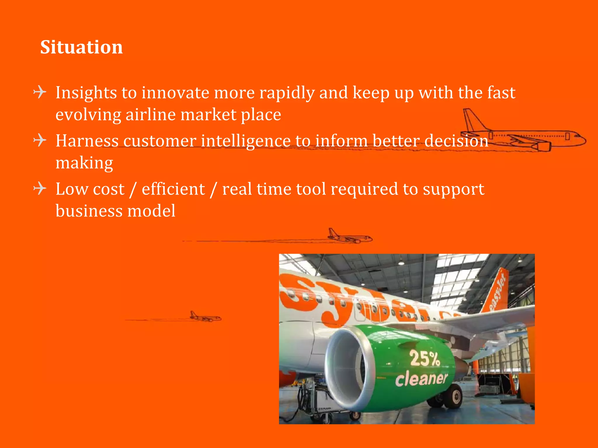 Situation

 Insights to innovate more rapidly and keep up with the fast
 evolving airline market place
 Harness customer intelligence to inform better decision
 making
 Low cost / efficient / real time tool required to support
 business model




                                                               26
 