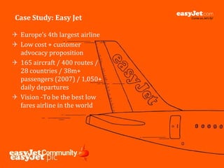 Case Study: Easy Jet

 Europe’s 4th largest airline
 Low cost + customer
 advocacy proposition
 165 aircraft / 400 routes /
 28 countries / 38m+
 passengers (2007) / 1,050+
 daily departures
 Vision T be the best low
 Vi i ‐To b th b t l
 fares airline in the world




                                24
 