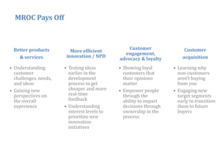 MROC Pays Off



 Better products                                  Customer               Customer
                          More efficient
                                                engagement,
   & services           innovation / NPD                                acquisition
                                              advocacy & loyalty
• Understanding        • Testing ideas        • Showing loyal       • Learning why
  customer               earlier i the
                             li in h            customers that
                                                             h        non‐customers
  challenges, needs,     development            their opinions        aren’t buying
  and ideas              process to get         matter                from you
• Gaining new            cheaper and more     • Empower people      • Engaging new
  perspectives on        real time
                         real‐time              through the           target segments
  the overall            feedback               ability to impact     early to transition
  experience           • Understanding          decisions through     them to future
                         interest levels to     ownership in the      buyers
                         p
                         prioritize new         p
                                                process
                         innovation
                         initiatives




                                                                                  37
 