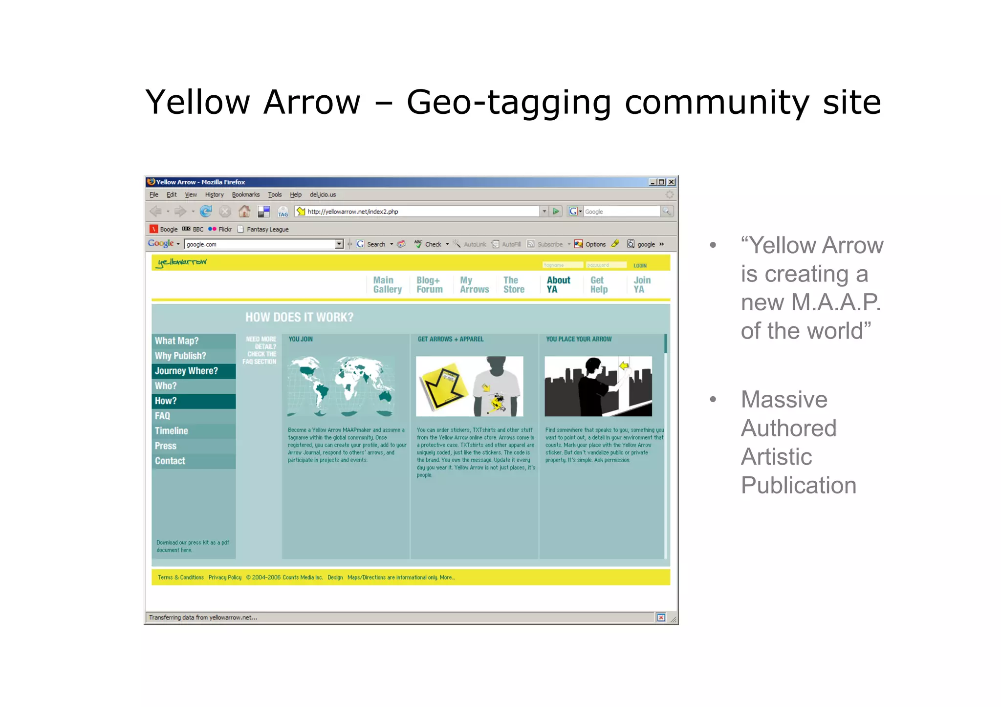 Yellow Arrow – Geo-tagging community site



                               •  “Yellow Arrow
                                  is creating a
                                  new M.A.A.P.
                                  of the world”

                               •  Massive
                                  Authored
                                  Artistic
                                  Publication
 