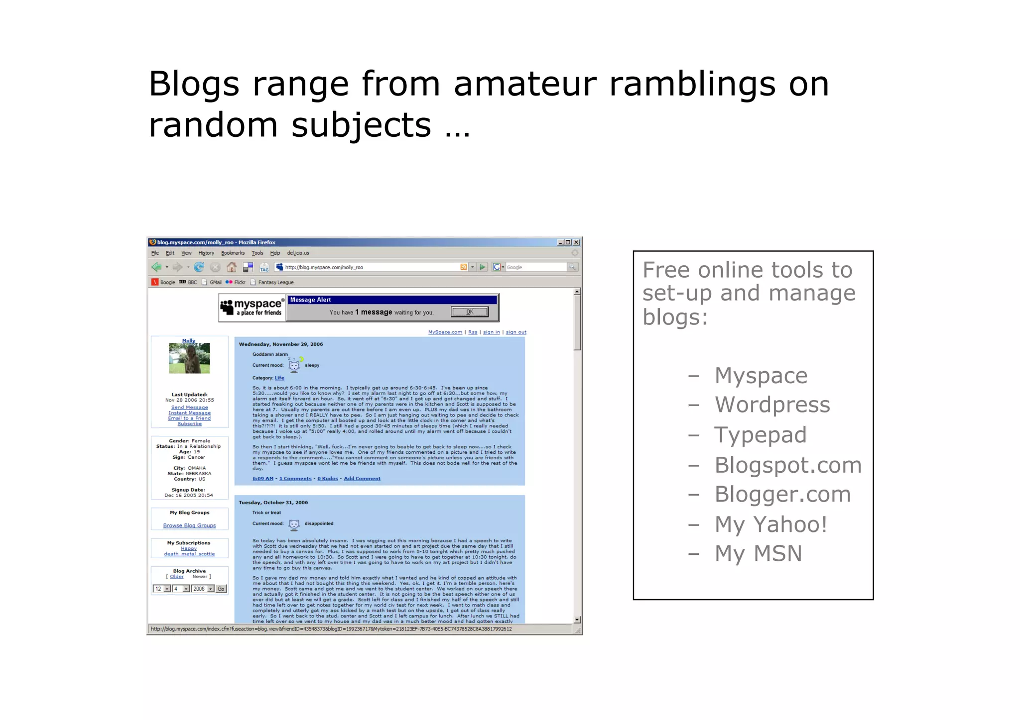Blogs range from amateur ramblings on
random subjects …



                          Free online tools to
                          set-up and manage
                          blogs:

                              –    Myspace
                              –    Wordpress
                              –    Typepad
                              –    Blogspot.com
                              –    Blogger.com
                              –    My Yahoo!
                              –    My MSN
 