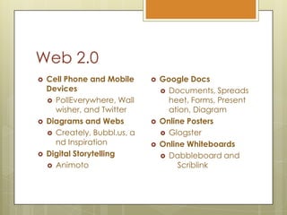 Web 2.0Cell Phone and Mobile DevicesPollEverywhere, Wallwisher, and TwitterDiagrams and WebsCreately, Bubbl.us, and InspirationDigital StorytellingAnimotoGoogle DocsDocuments, Spreadsheet, Forms, Presentation, DiagramOnline PostersGlogsterOnline WhiteboardsDabbleboard and 	Scriblink