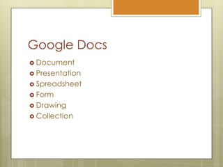 Google DocsDocumentPresentationSpreadsheetFormDrawingCollection