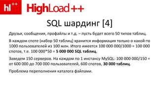 SQL шардинг [4]
Друзья, сообщения, профайлы и т.д. – пусть будет всего 50 типов таблиц.
В каждом споте (набор 50 таблиц) х...