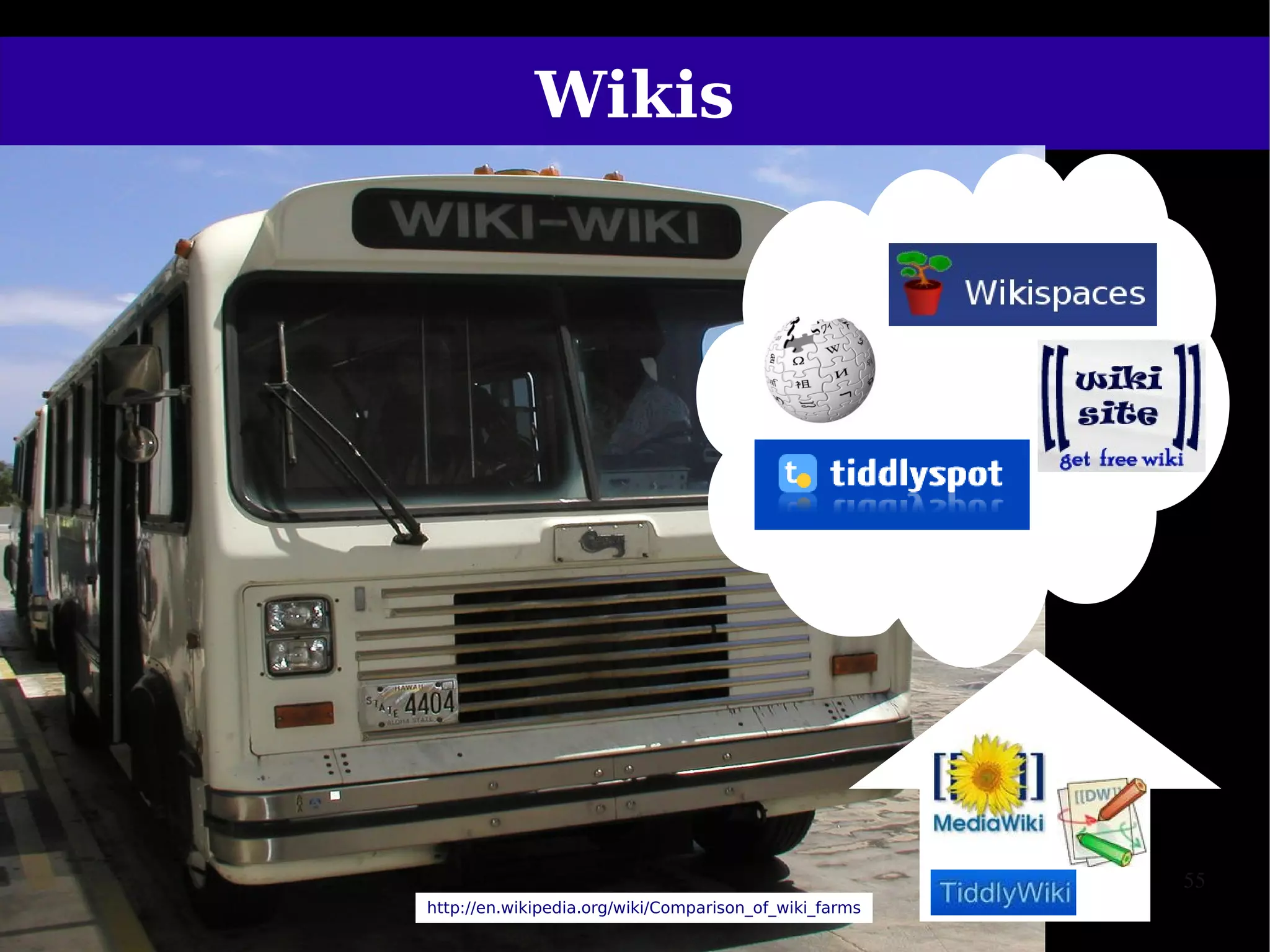 Wikis




                                                        55
http://en.wikipedia.org/wiki/Comparison_of_wiki_farms
 