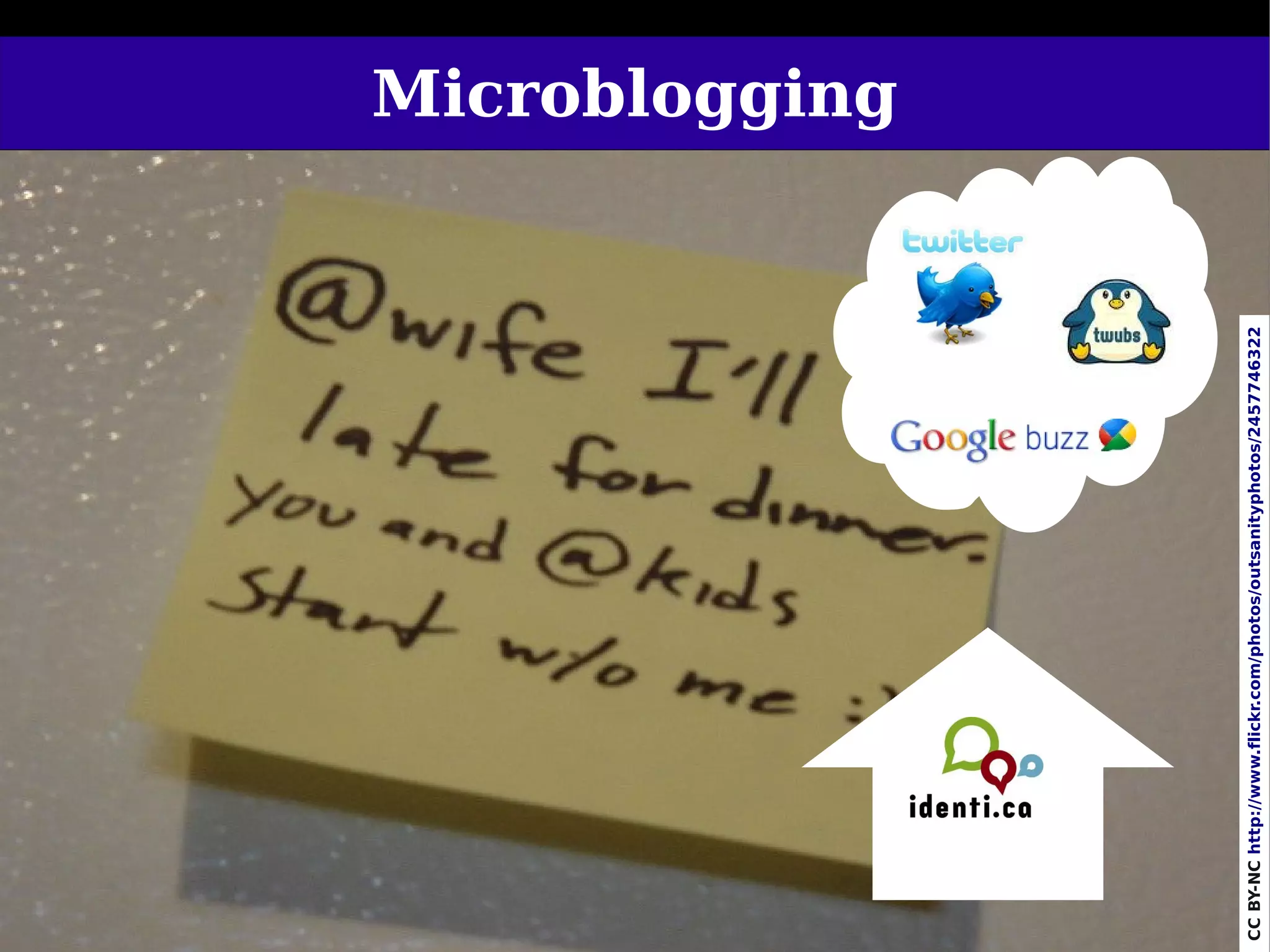 Microblogging




67




CC BY-NC http://www.flickr.com/photos/outsanityphotos/2457746322
 