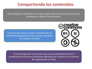 Compartiendo los contenidosPara compartir contenidos en la web se sugiere del uso de una licencia para la distribución y difusión de los mismos.La licencia de mayor uso para  la distribución de contenidos hipermedia en los actuales momentos es CreativeCommonsCC permite generar una licencia que se basa principalmente en la combinación de diversas condiciones definidas por el autor en el momento de su generación en línea