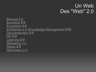 Un Web Des "Web" 2.0 Banque 2.0 Business  2.0 Économie  2.0 Entreprise 2.0  ( Knowledge Management  2.0) Gouvernement  2.0 RH  2.0 Learning  2.0 Marketing 2.0 Média  2.0 Révolution 2.0 