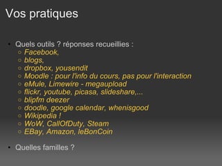 Vos pratiques Quels outils ? réponses recueillies :  Facebook,  blogs,  dropbox, yousendit  Moodle : pour l'info du cours, pas pour l'interaction  eMule, Limewire - megaupload flickr, youtube, picasa, slideshare,... blipfm deezer doodle, google calendar, whenisgood Wikipedia ! WoW, CallOfDuty, Steam EBay, Amazon, leBonCoin Quelles familles ?  
