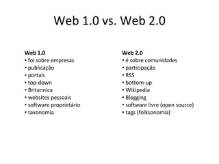 Web 1.0 vs. Web 2.0 Web 1.0 foi sobre empresas publicação portais top-down Britannica websites pessoais software proprietário taxonomia Web 2.0 é sobre comunidades participação RSS bottom-up  Wikipedia Blogging software livre (open source) tags (folksonomia) 