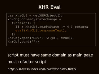 XHR Eval script must have same domain as main page must refactor script var xhrObj = getXHRObject(); xhrObj.onreadystatechange =  function() {  if ( xhrObj.readyState != 4 ) return; eval(xhrObj.responseText); }; xhrObj.open('GET', 'A.js', true); xhrObj.send(''); http://stevesouders.com/cuzillion/?ex=10009 