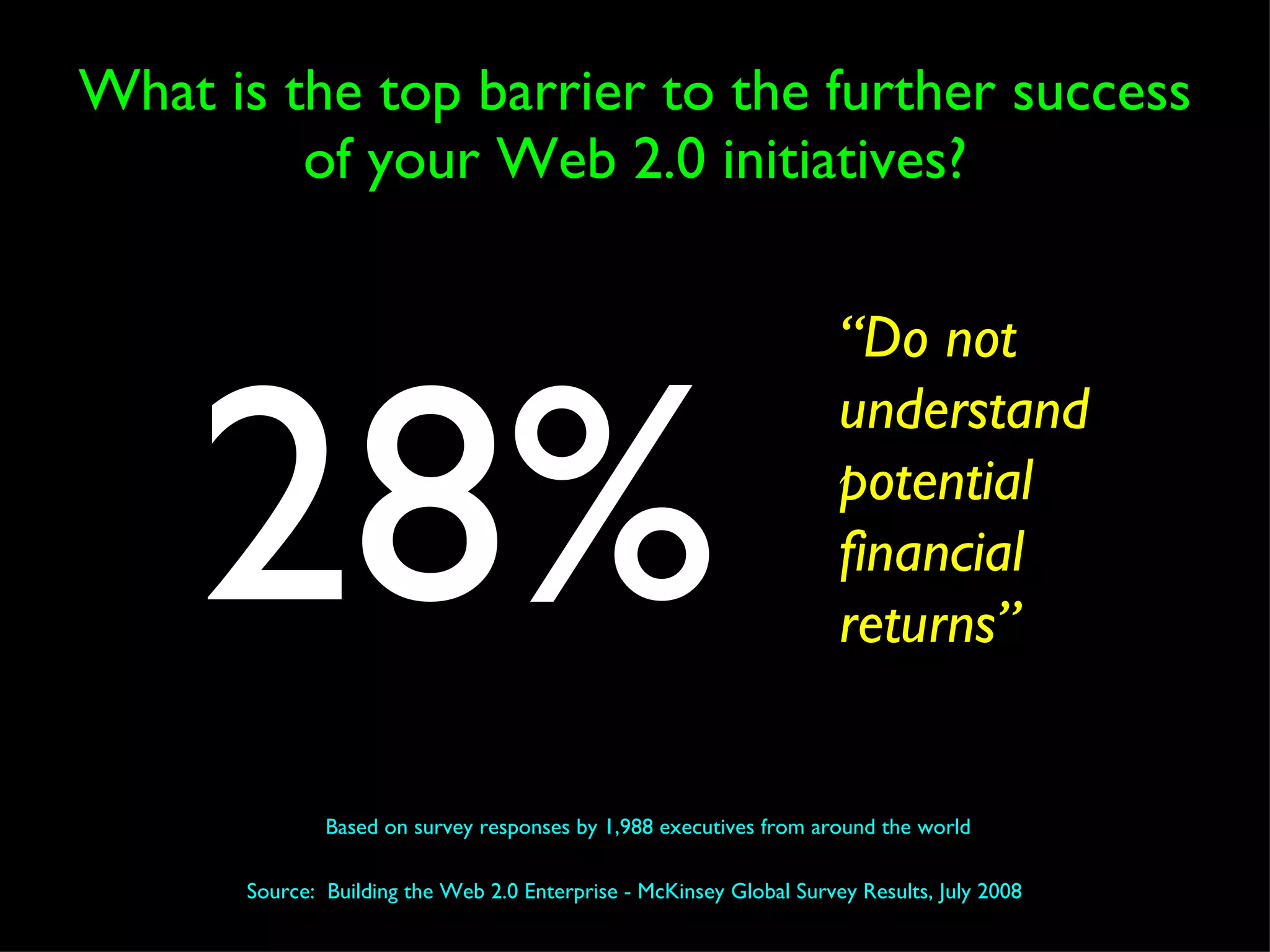 What is the top barrier to the further success of your Web 2.0 initiatives? Source:  Building the Web 2.0 Enterprise - McKinsey Global Survey Results, July 2008 Based on survey responses by 1,988 executives from around the world “ Do not  understand  potential  financial  returns” 28% 