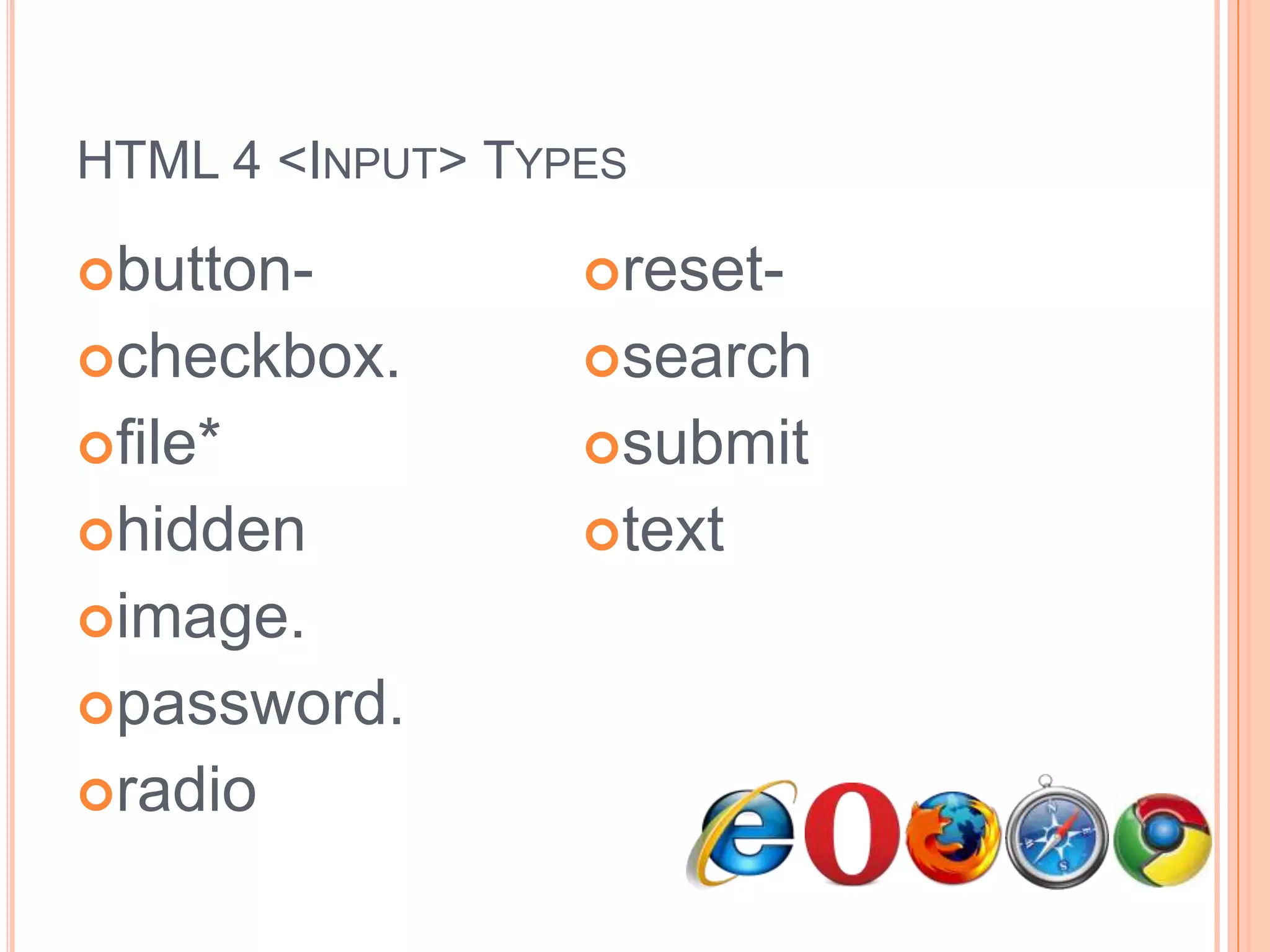 HTML 4 <Input> Typesbutton-checkbox.file*hiddenimage.password.radioreset-submittext