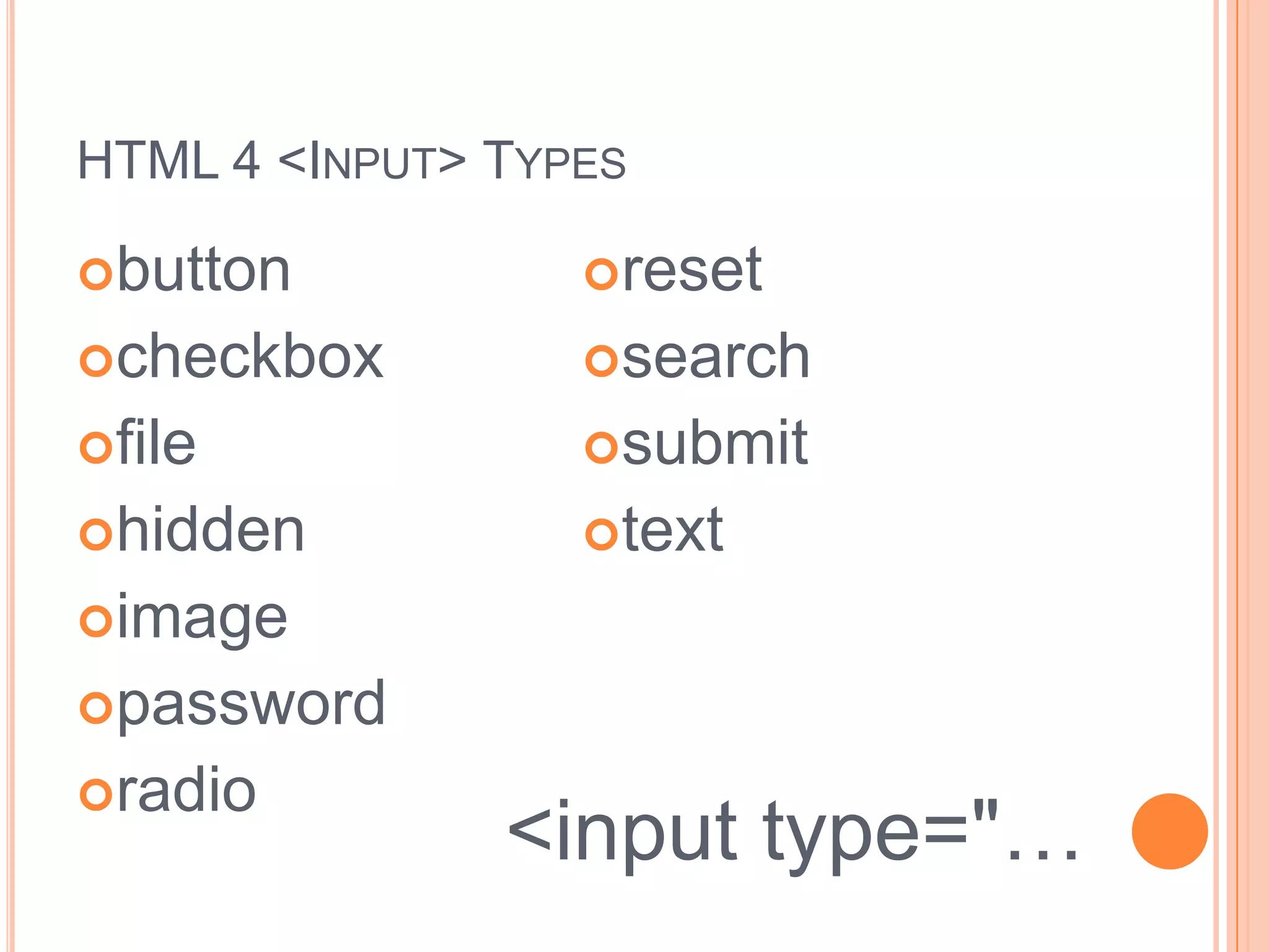 HTML 4 <Input> Typesbuttoncheckboxfilehiddenimagepasswordradioresetsubmittext<input type="…