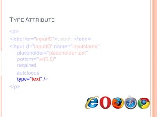 Type Attribute<p>      <label for="inputID">Label: </label>      <input id="inputID" name="inputName"   placeholder="placeholder text"   pattern="\w{6,9}"   required     autofocus  type="text" /></p>